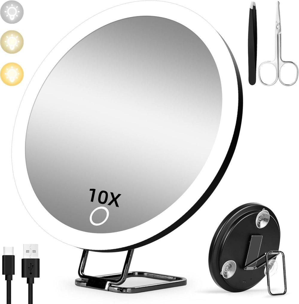 10X LED Makeup Mirror with Lighting, 360° Rotatable Dimmable 3 Light Modes Magnification Suction Cup, Black