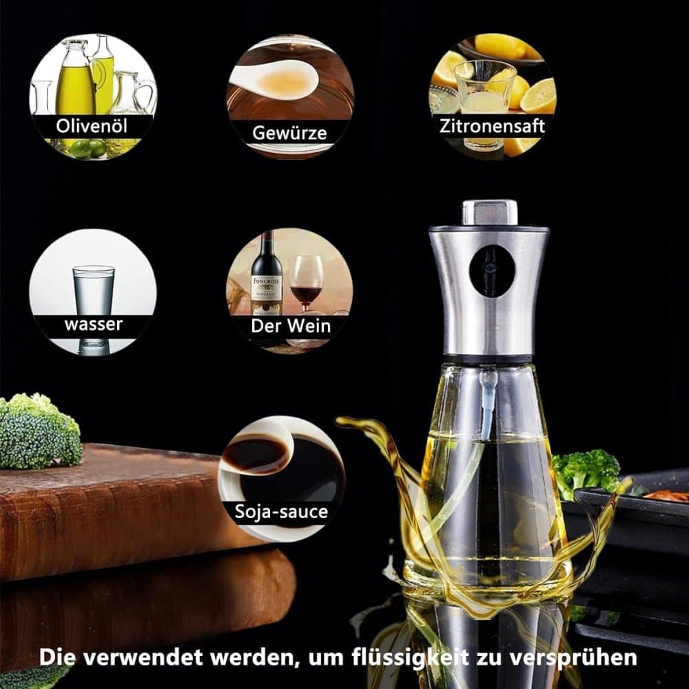 Stainless Steel and Glass Oil Spray Bottle 200 ml, Conical Design for Cooking Grilling Baking