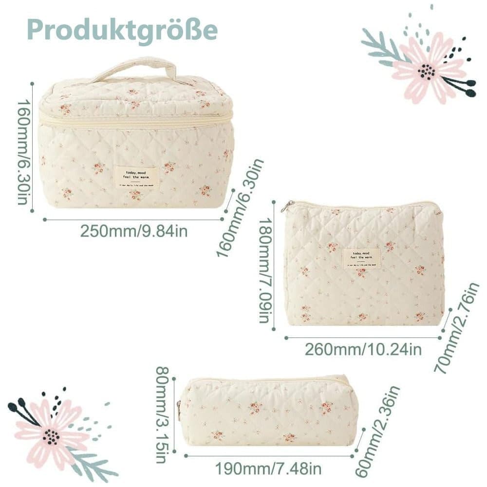 3-Piece Floral Makeup Bag Set, 20 x 15 cm, Travel Toiletry Bag