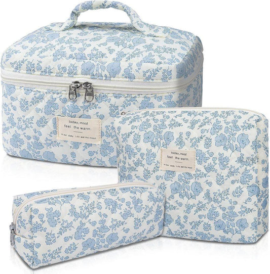 3 Cosmetic Bags Floral Lightweight Toiletry Bag for Women, Blue