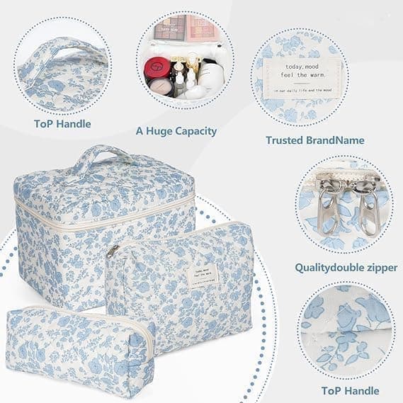 3 Cosmetic Bags Floral Lightweight Toiletry Bag for Women, Blue