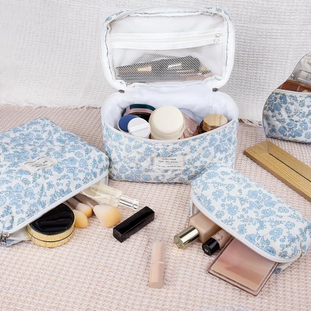 3 Cosmetic Bags Floral Lightweight Toiletry Bag for Women, Blue