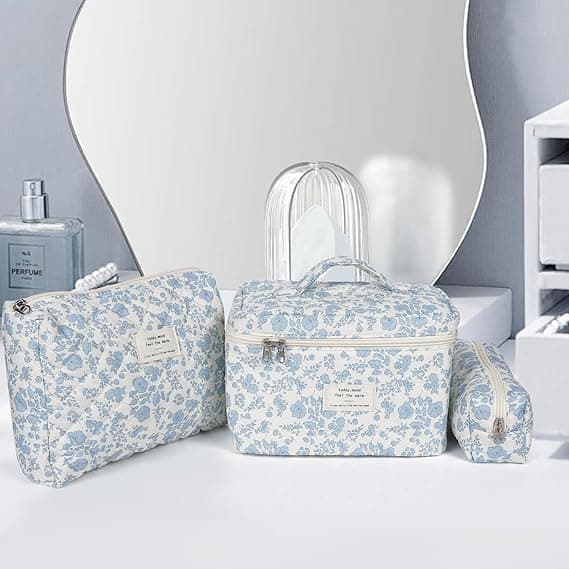 3 Cosmetic Bags Floral Lightweight Toiletry Bag for Women, Blue