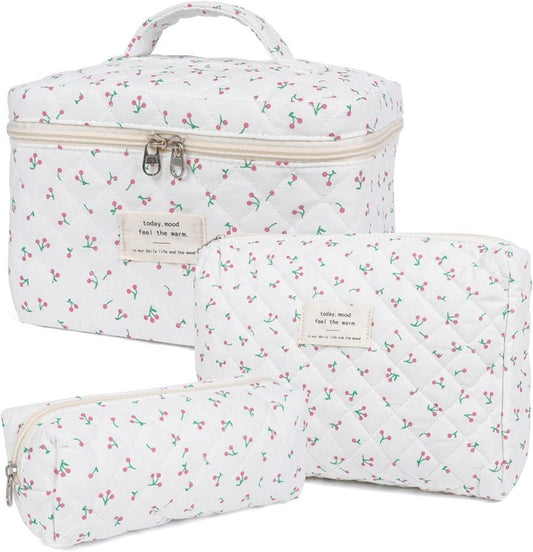 3 Cosmetic Bags Floral Lightweight Toiletry Bag for Women, White, Set of 3