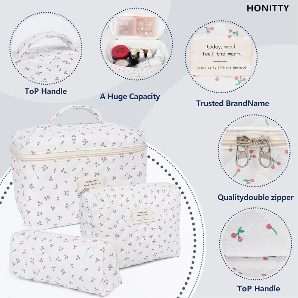 3 Cosmetic Bags Floral Lightweight Toiletry Bag for Women, White, Set of 3