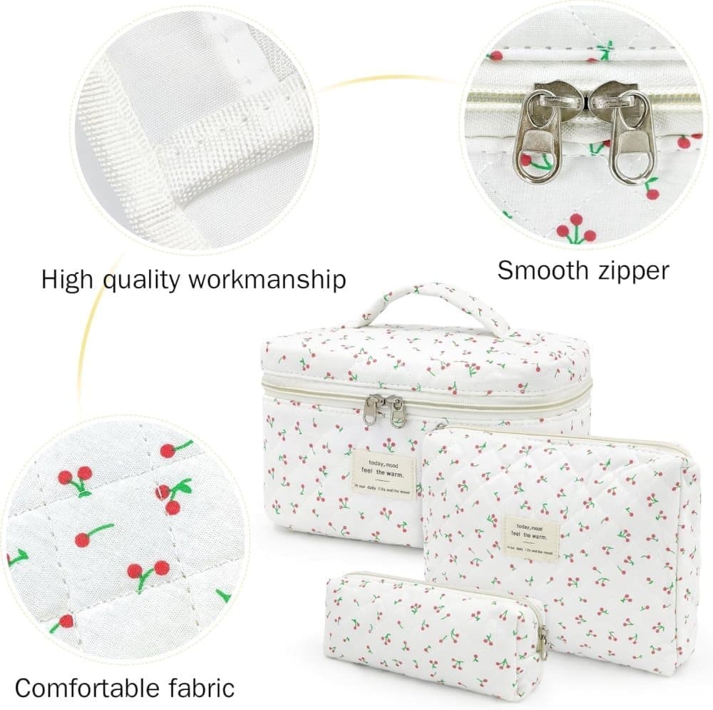 3 Cosmetic Bags Floral Lightweight Toiletry Bag for Women, White, Set of 3