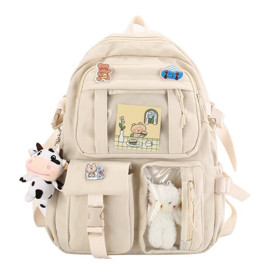 Cute Waterproof School Backpack for Girls with Accessories and Plush Pendant, Ideal for School and Travel, Beige