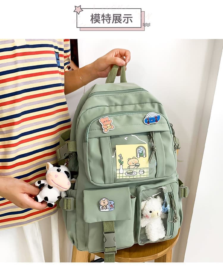 School Backpack Cute Waterproof for Girls with Accessories and Plush Pendant, Green