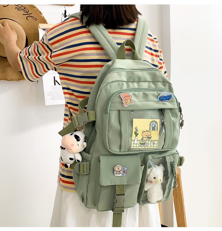 School Backpack Cute Waterproof for Girls with Accessories and Plush Pendant, Green