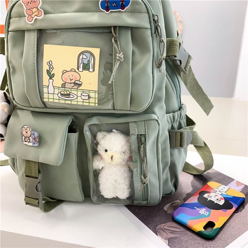 School Backpack Cute Waterproof for Girls with Accessories and Plush Pendant, Green
