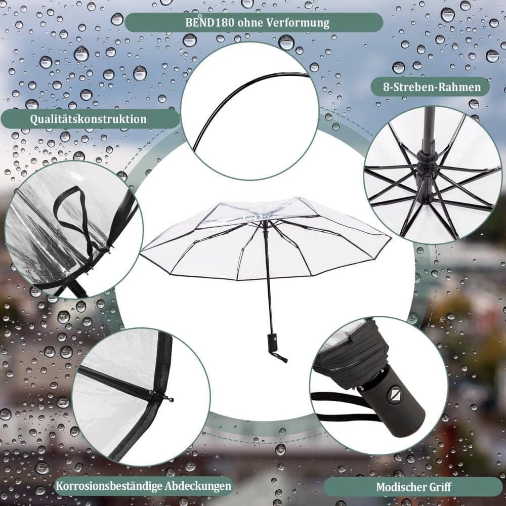 9 Fiberglass Ribs Automatic Folding Transparent Umbrella, Waterproof Lightweight Travel Rain, Black
