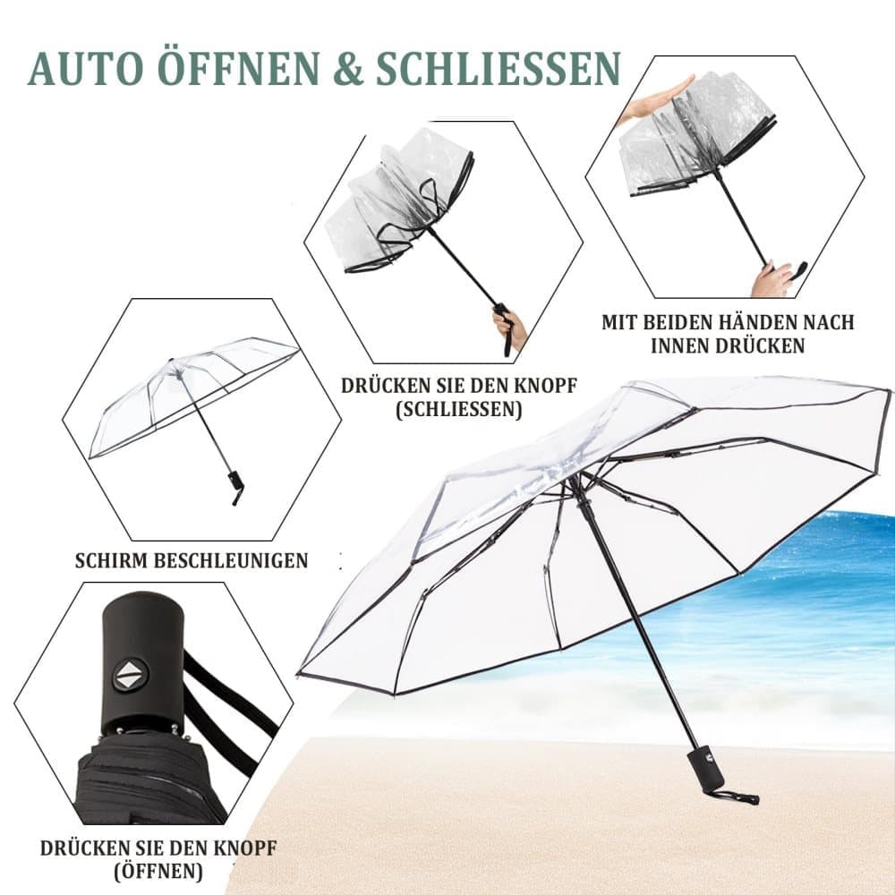 Automatic Folding Transparent Umbrella with 9 Fiberglass Ribs, Waterproof Lightweight Travel Rain Umbrella, White