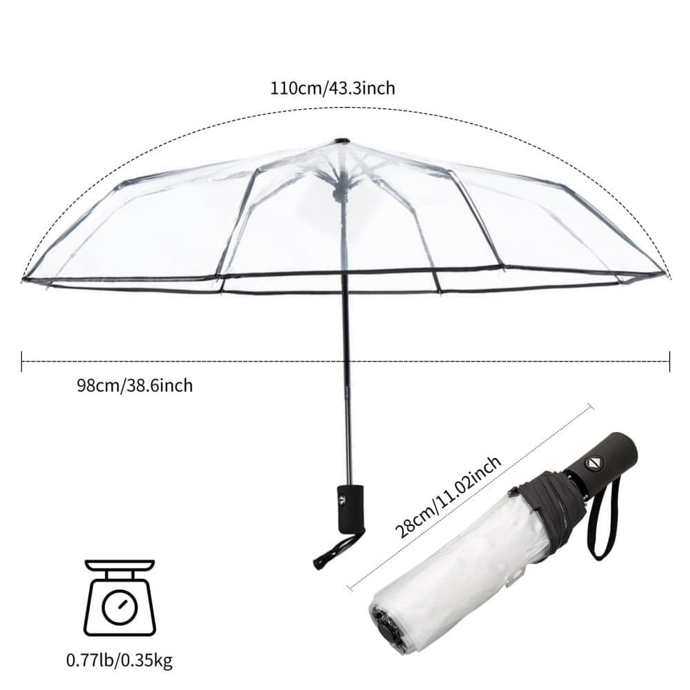 Automatic Folding Transparent Umbrella with 9 Fiberglass Ribs, Waterproof Lightweight Travel Rain Umbrella, White