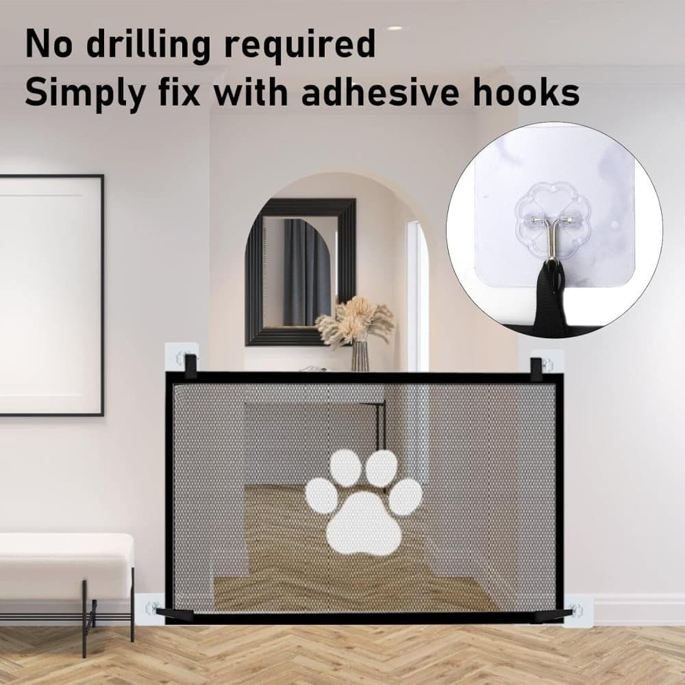 Portable Dog Gate Without Drilling, Self-adhesive Safety Gate with Paw Pattern, 110/180x78 cm