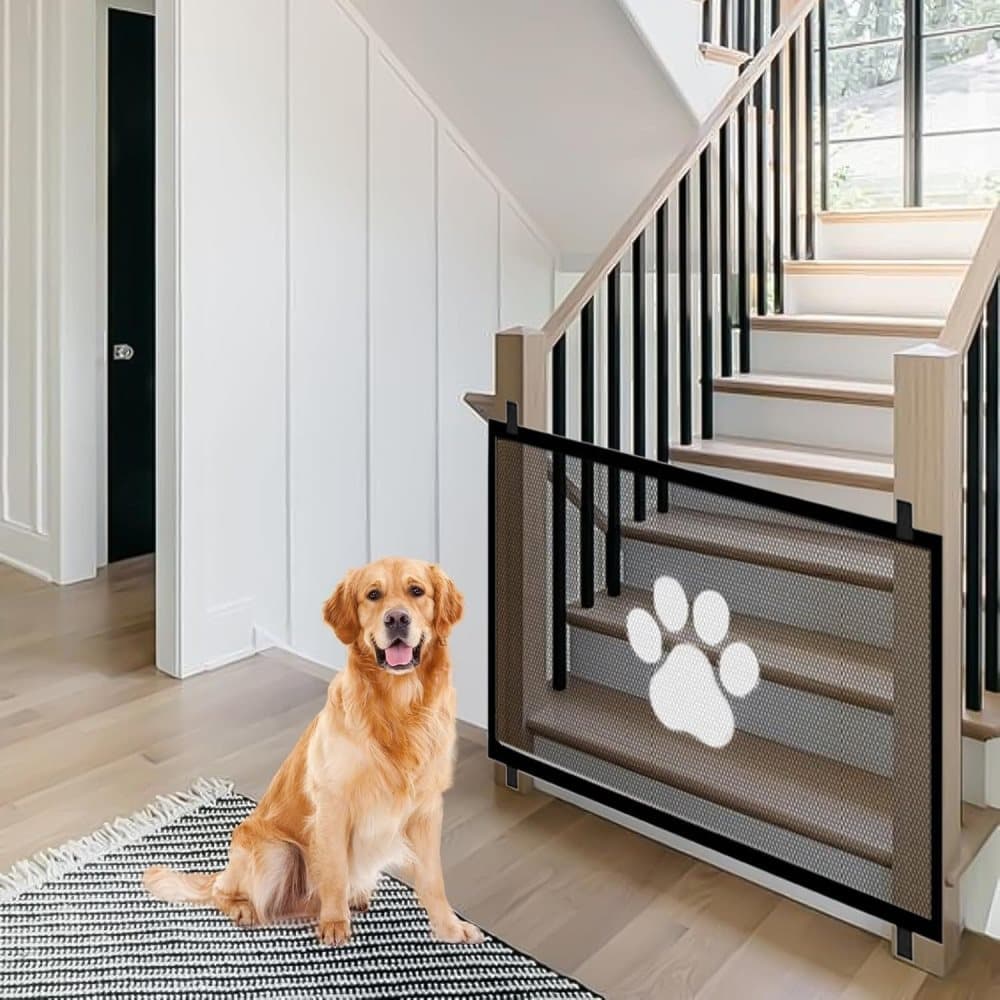 Portable Dog Gate Without Drilling, Self-adhesive Safety Gate with Paw Pattern, 110/180x78 cm