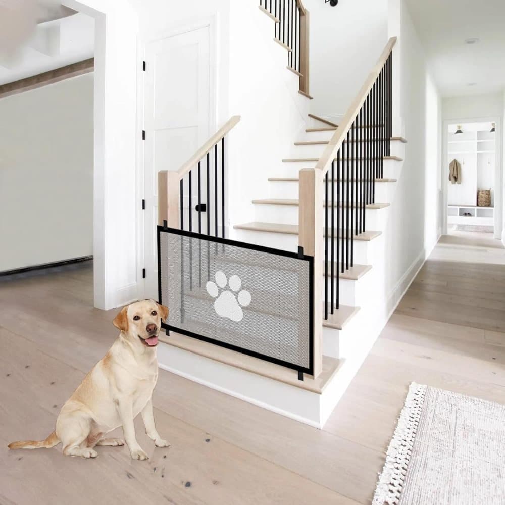 Portable Dog Gate Without Drilling, Self-adhesive Safety Gate with Paw Pattern, 110/180x78 cm