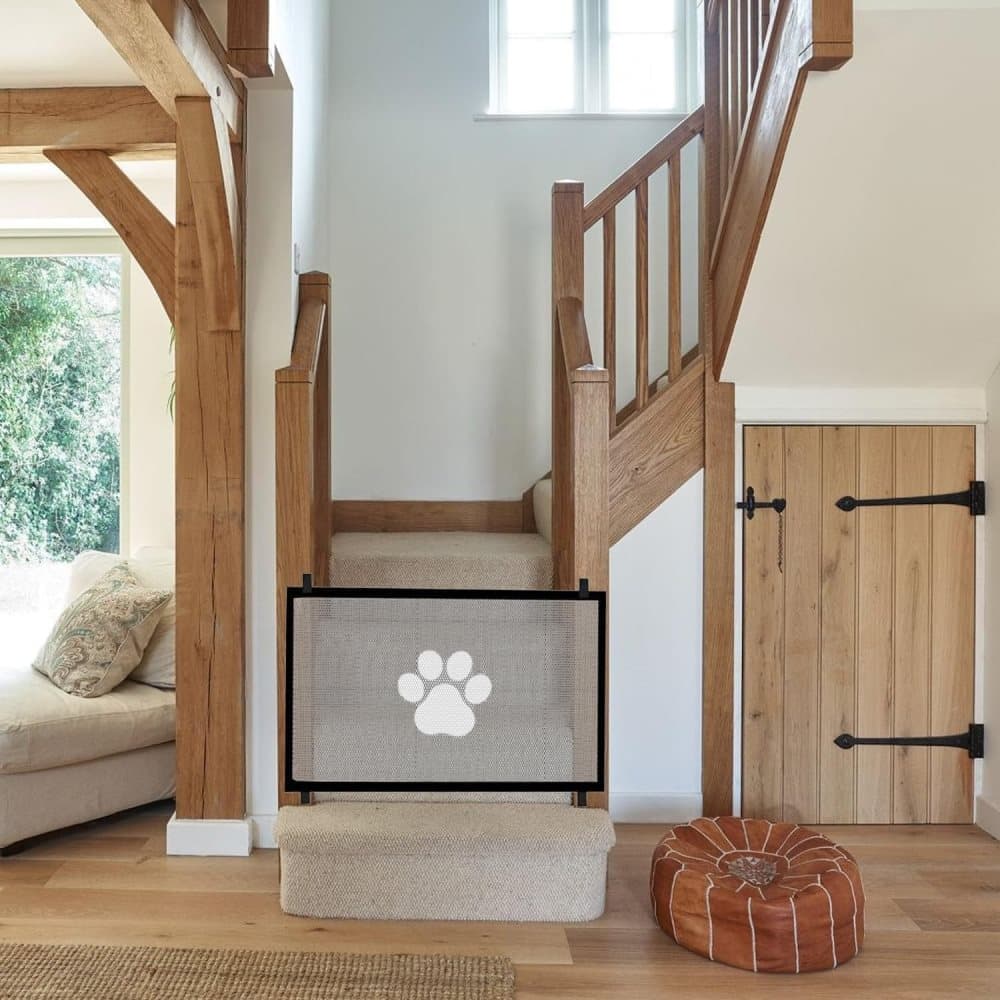 Portable Dog Gate Without Drilling, Self-adhesive Safety Gate with Paw Pattern, 110/180x78 cm