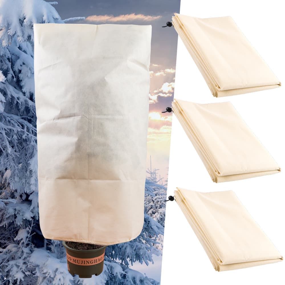 3-Pack Winter Plant Protection Frost Cover with Drawstring, Reusable Durable for Outdoor Plants Fruit Trees Potted Plants, 60x80cm