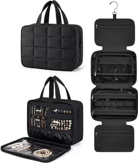 Women's Hanging Travel Makeup Bag with Jewelry Compartment, Black, 31×12×23 cm