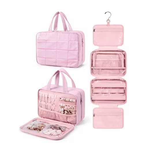 Hanging Travel Makeup Bag for Women with Jewelry Compartment, 31x12x23 cm, Pink
