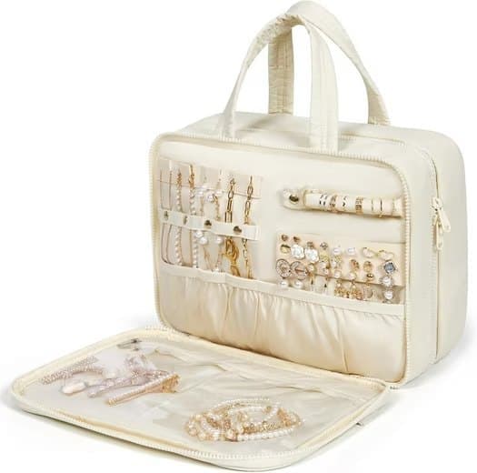 Travel Makeup Bag with Jewelry Compartment, Hanging Toiletry Organizer for Women, 31×12×23 cm, Beige