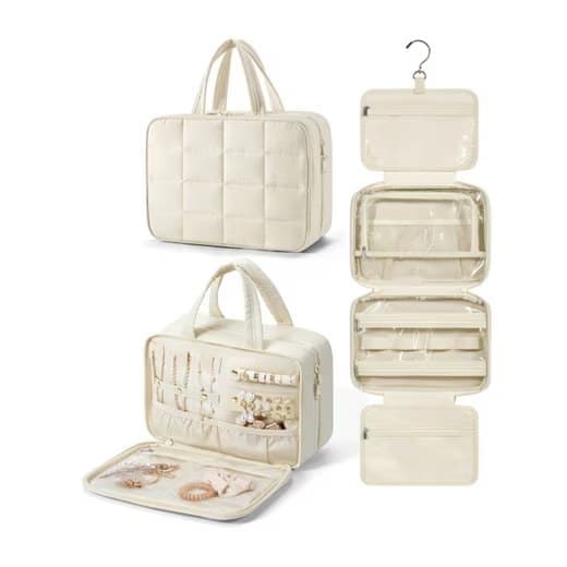Travel Makeup Bag with Jewelry Compartment, Hanging Toiletry Organizer for Women, 31×12×23 cm, Beige