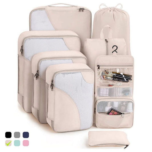 8-Piece Beige Suitcase Organizer Set with Durable Packing Cubes and Clothing Shoe Bags