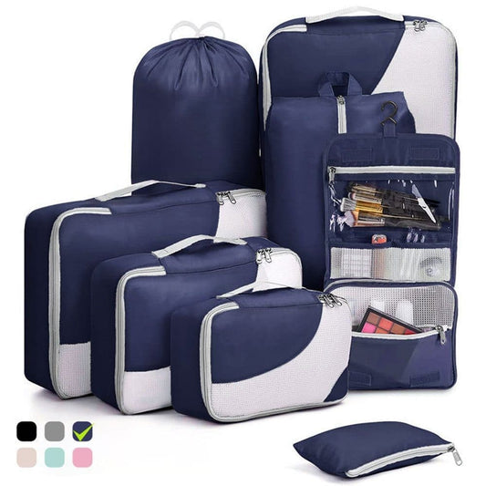 8-Piece Suitcase Organizer Set with Durable Packing Cubes and Shoe Bags, Dark Blue