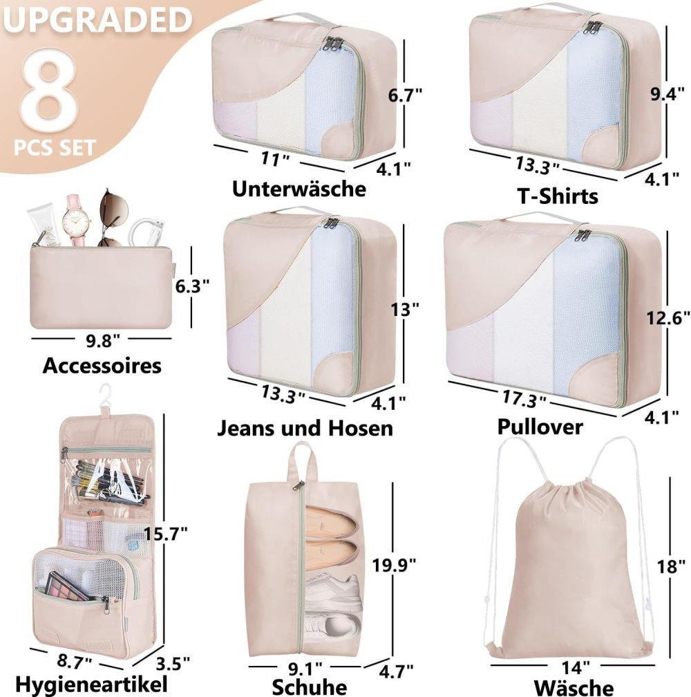 8-Piece Suitcase Organizer Set with Durable Packing Cubes and Shoe Bags, Dark Blue