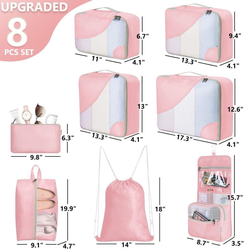 8-Piece Suitcase Organizer Set with Durable Packing Cubes and Clothing Shoe Bags, Pink