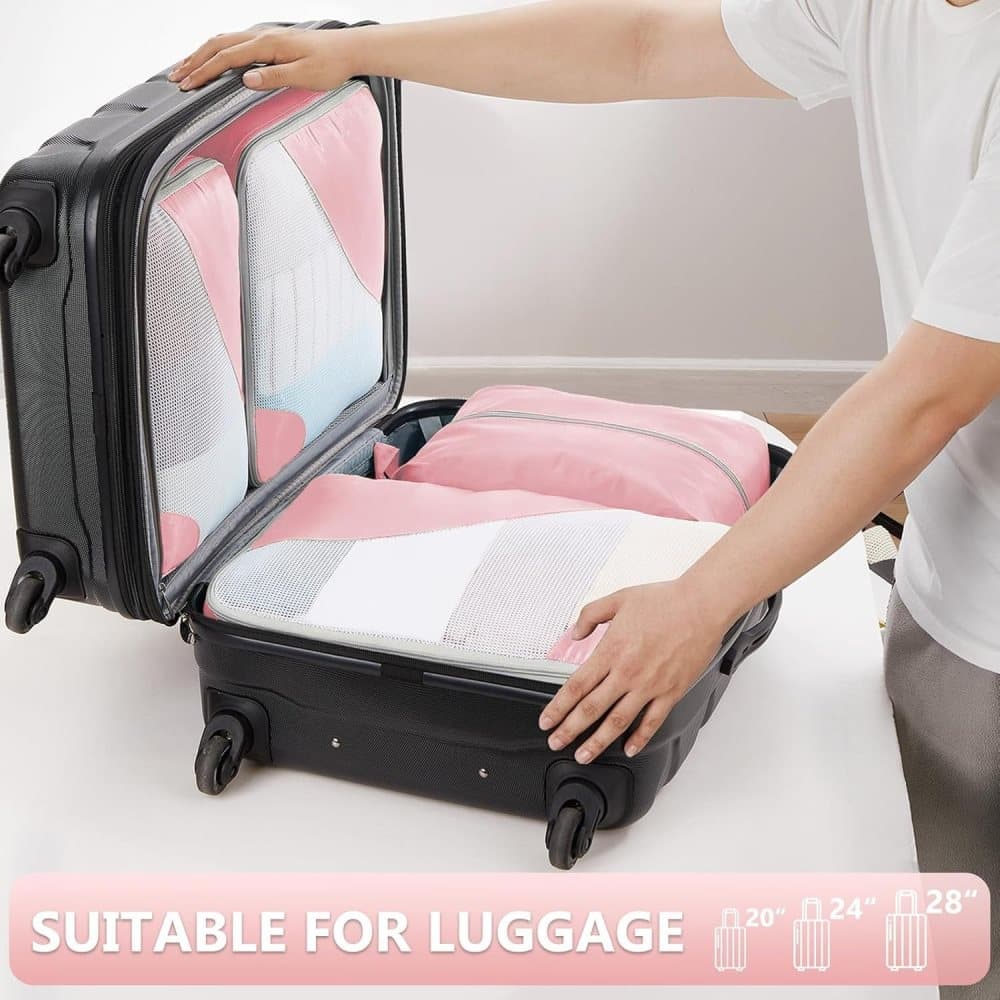 8-Piece Suitcase Organizer Set with Durable Packing Cubes and Clothing Shoe Bags, Pink