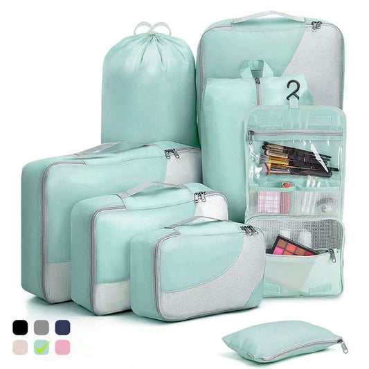 8-Piece Light Green Suitcase Organizer Set with Durable Packing Cubes and Shoe Bags, 8-Piece