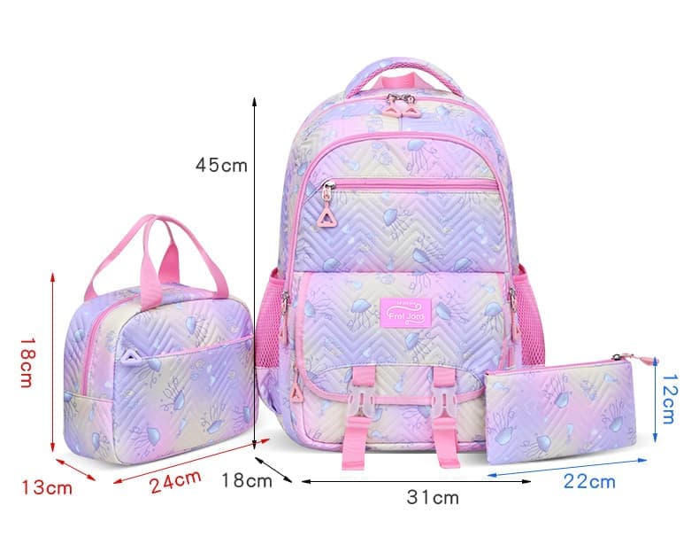3-Piece Girls Backpack Set with Pencil Case and Lunch Bag, Blue, for Elementary & Teenage Students