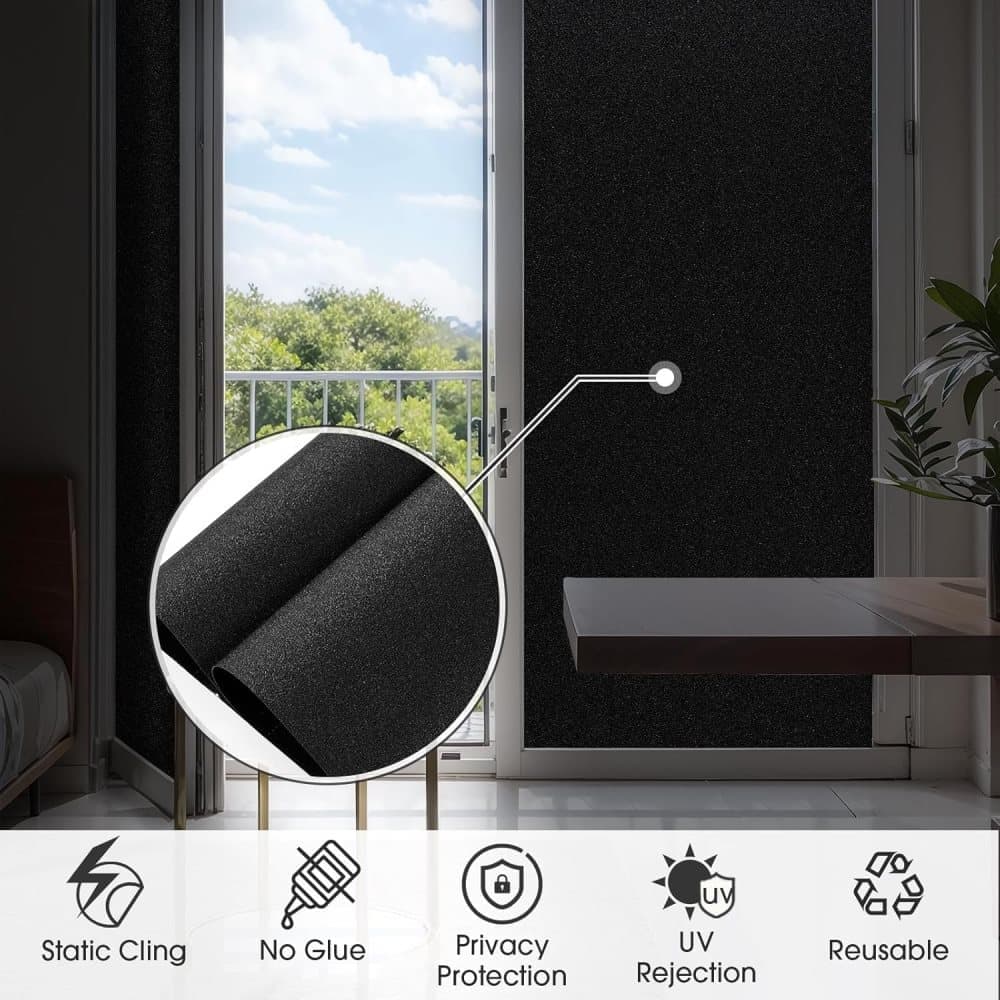Blackout Window Film 45x500cm, Self-Adhesive Privacy UV Protection Static Cling No Glue, Black