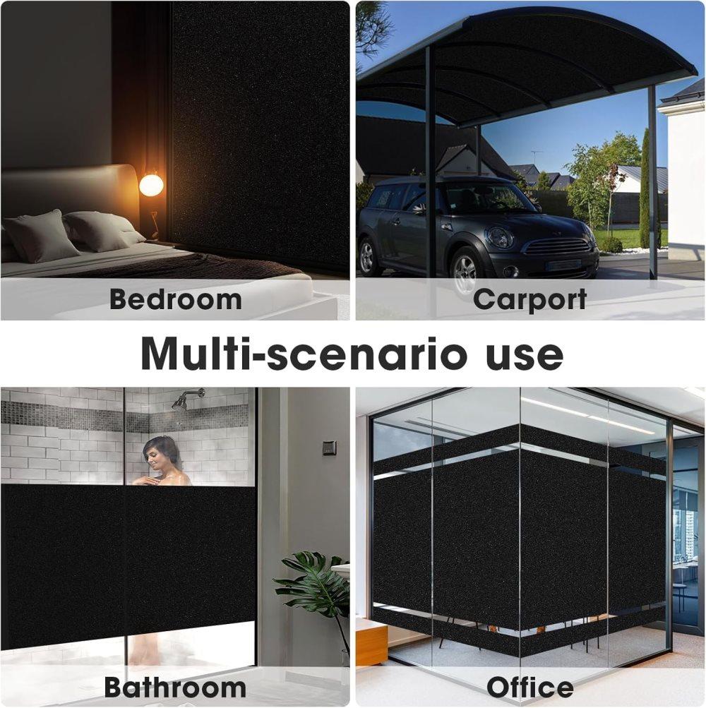 Blackout Window Film 45x500cm, Self-Adhesive Privacy UV Protection Static Cling No Glue, Black