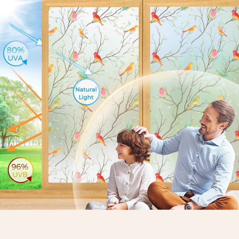 Privacy Protection Static Window Film with Bird Motif, UV and Blackout, for Living Rooms and Offices