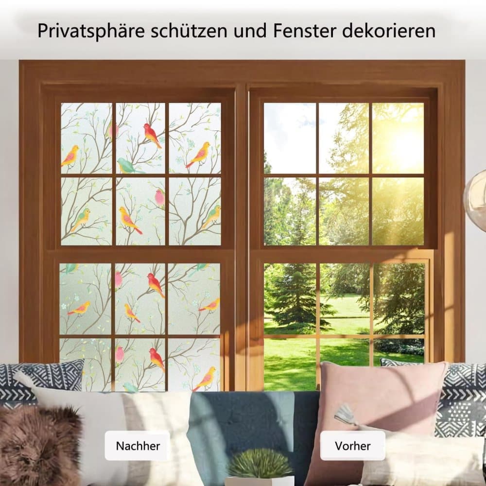 Privacy Protection Static Window Film with Bird Motif, UV and Blackout, for Living Rooms and Offices