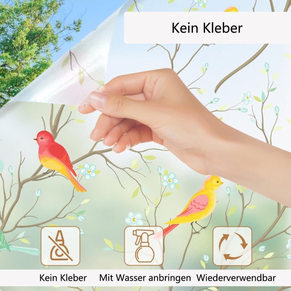 Privacy Protection Static Window Film with Bird Motif, UV and Blackout, for Living Rooms and Offices