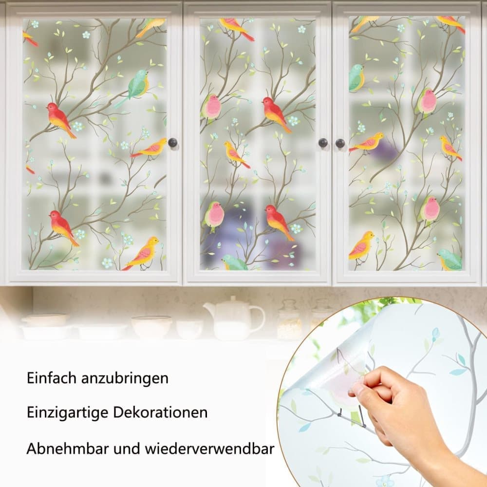 Privacy Protection Static Window Film with Bird Motif, UV and Blackout, for Living Rooms and Offices