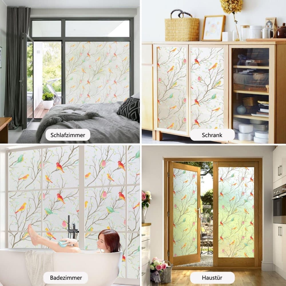 Privacy Protection Static Window Film with Bird Motif, UV and Blackout, for Living Rooms and Offices