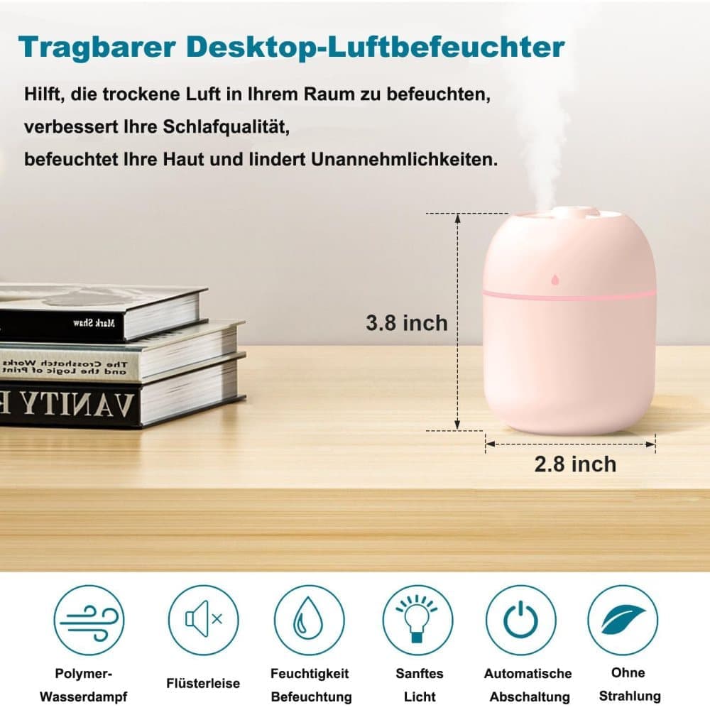 Portable Mini Humidifier 0.22L with USB, Automatic Shutoff, 2 Spray Modes for Bedroom Office and Car, White