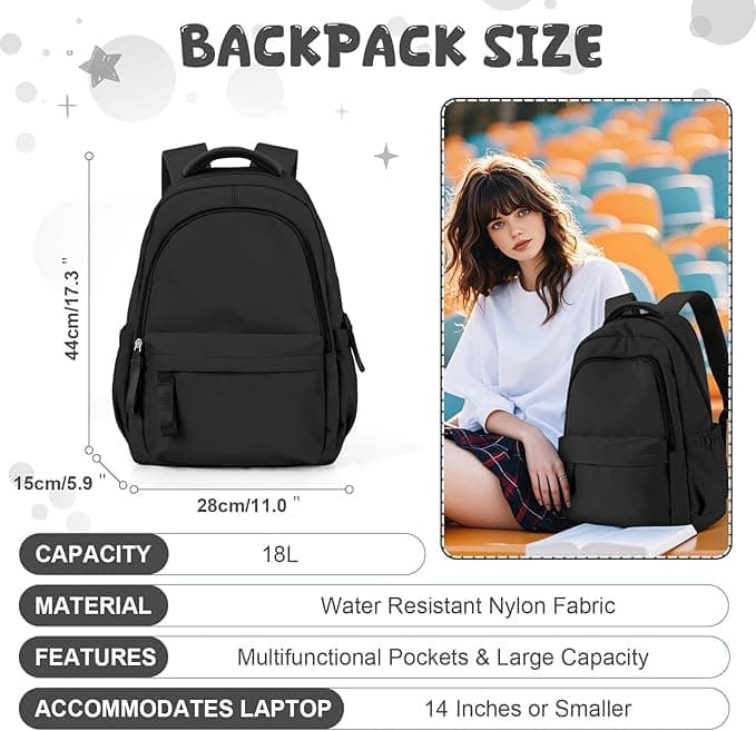 14-inch Waterproof Lightweight Laptop Backpack for School and University, Black