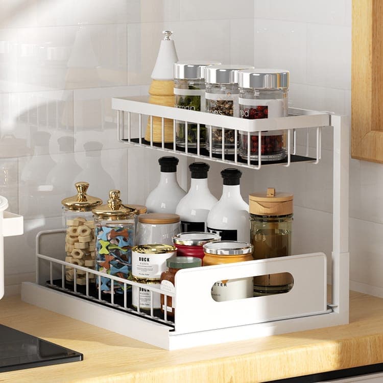 2-Tier White Storage Shelf Spice Rack for Kitchen Bathroom Drawer Organization
