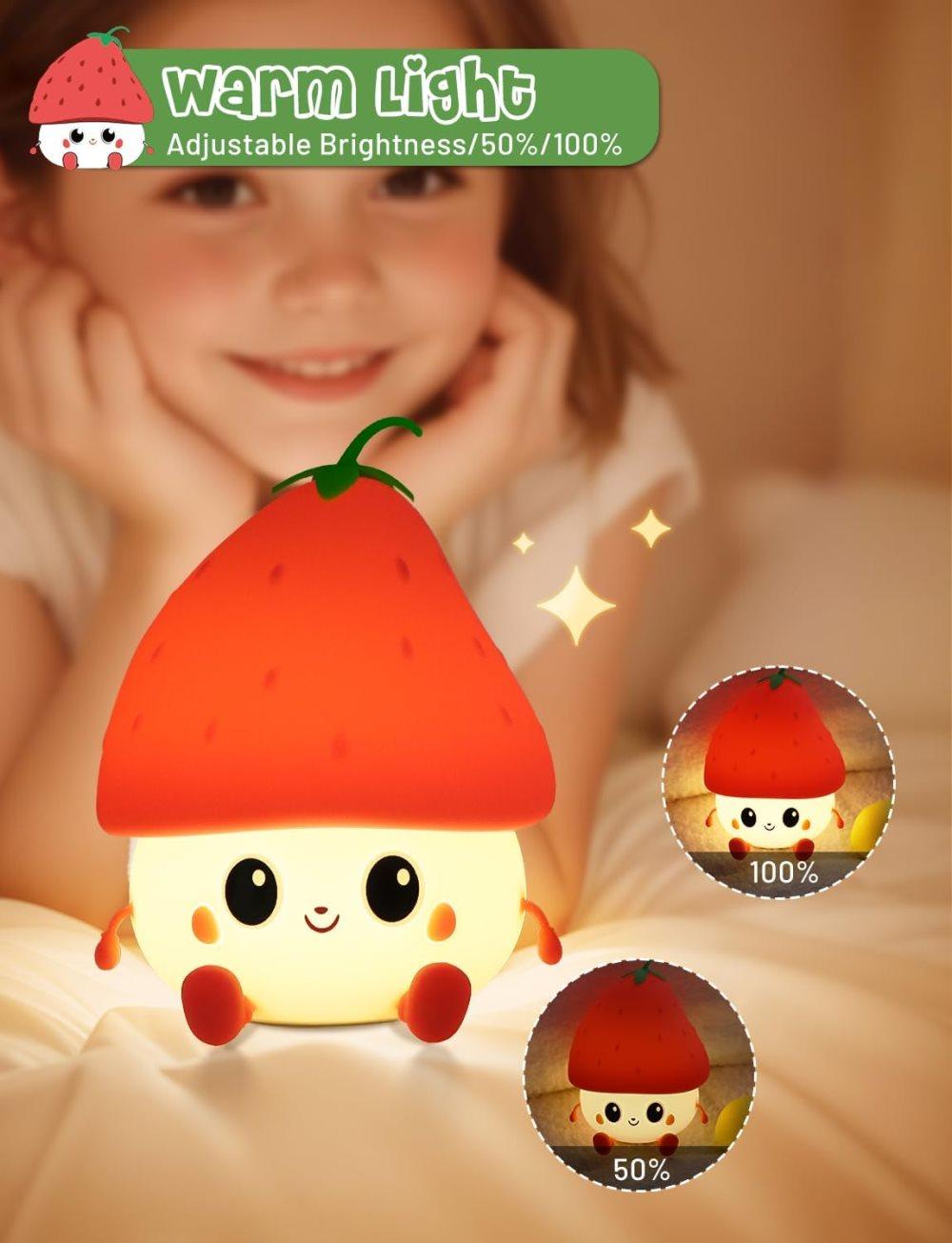 Strawberry LED Night Light USB Rechargeable Dimmable for Kids Baby Girls, Red, Silicone