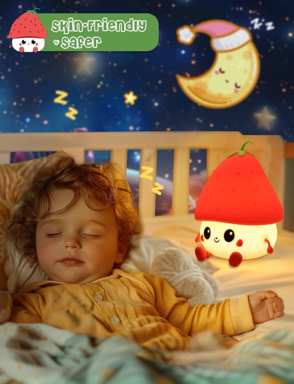 Strawberry LED Night Light USB Rechargeable Dimmable for Kids Baby Girls, Red, Silicone