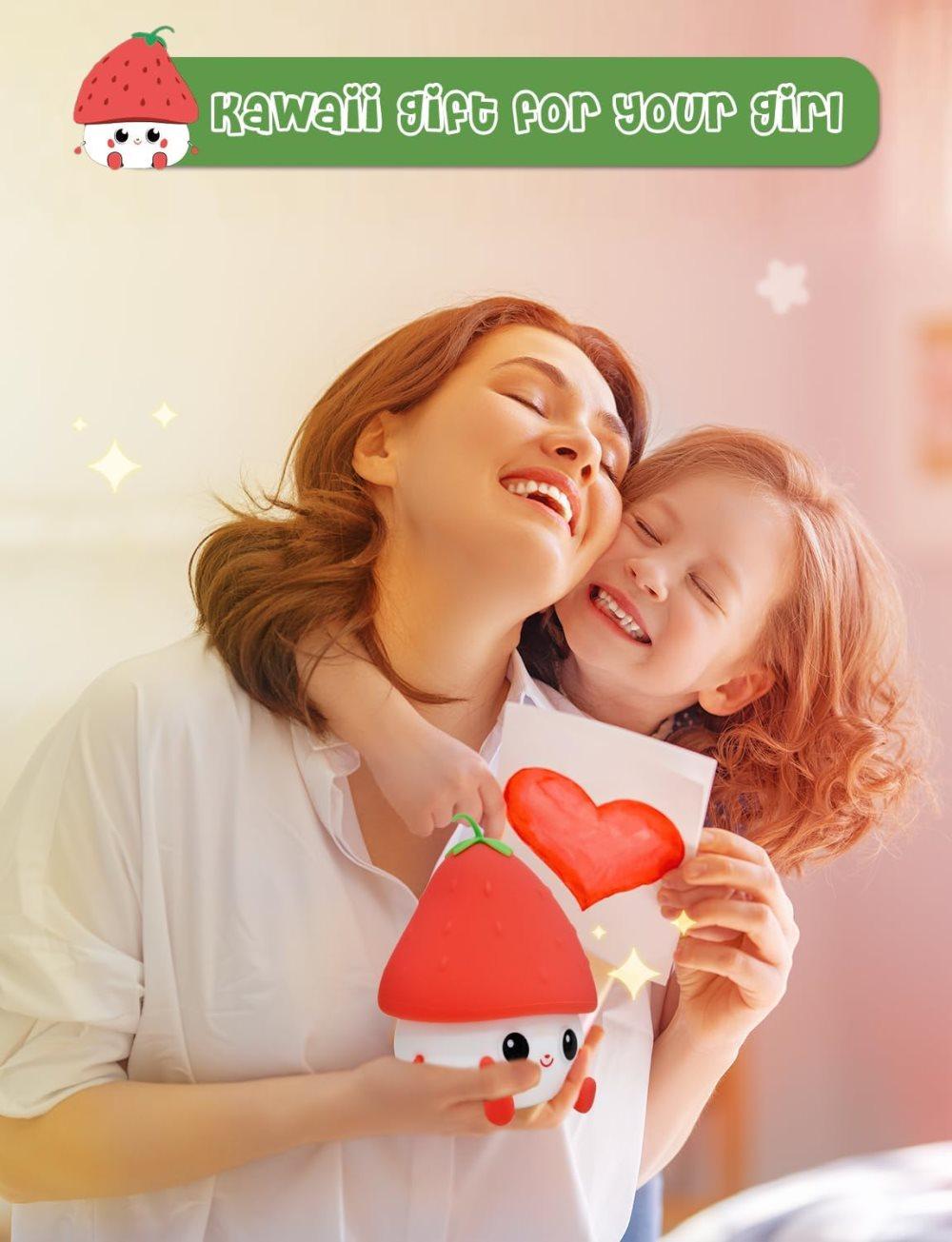 Strawberry LED Night Light USB Rechargeable Dimmable for Kids Baby Girls, Red, Silicone
