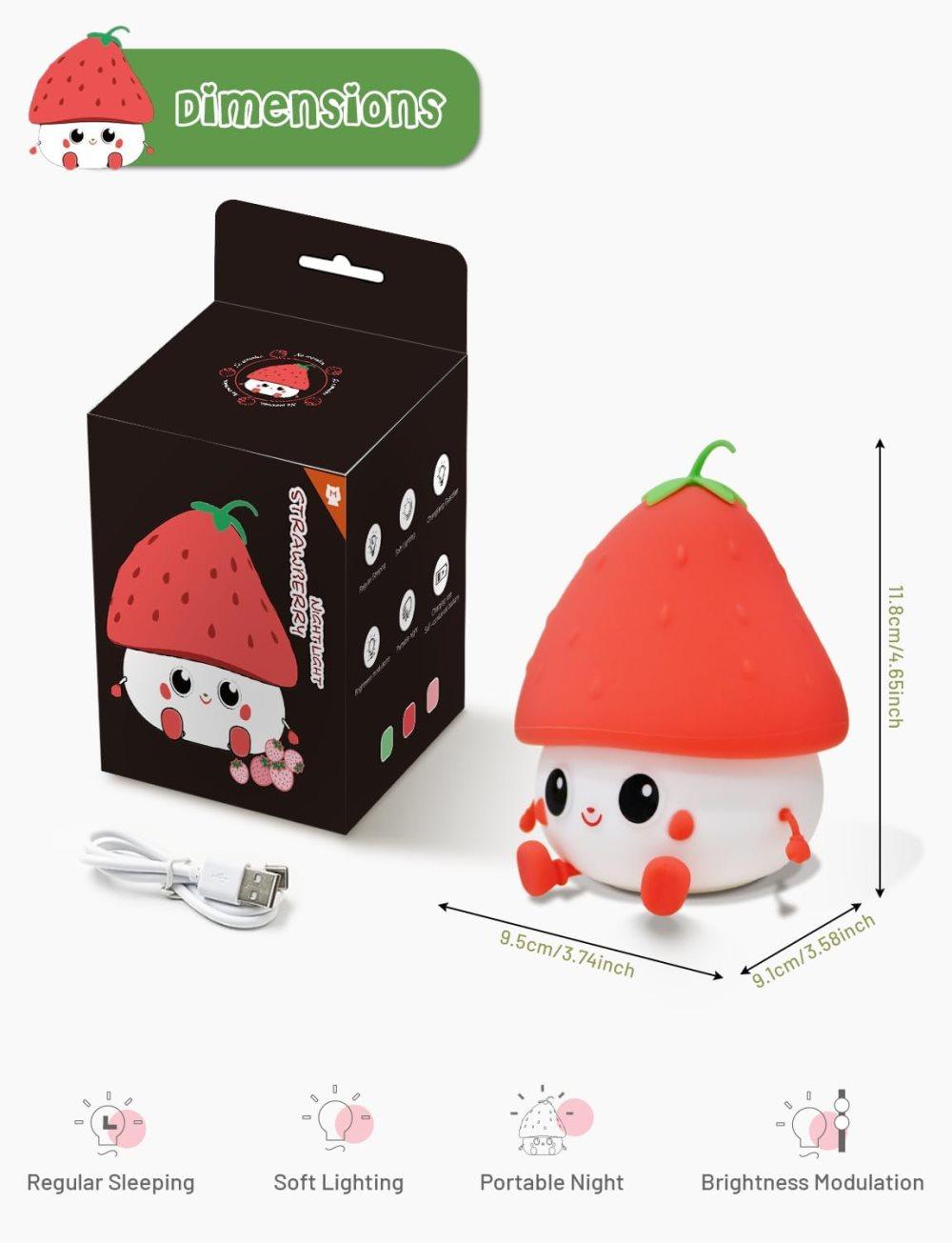 Strawberry LED Night Light USB Rechargeable Dimmable for Kids Baby Girls, Red, Silicone