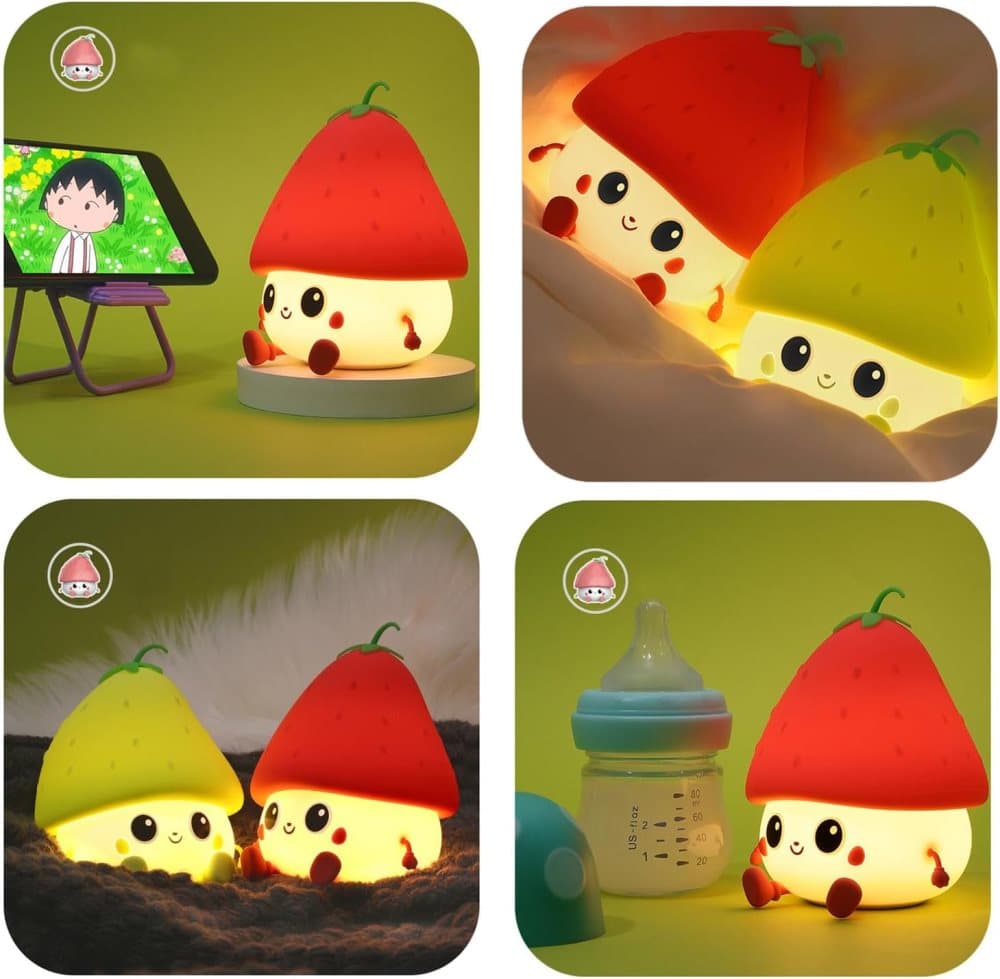 Sweet Strawberry LED Night Light Dimmable USB Rechargeable for Kids, Silicone, Green