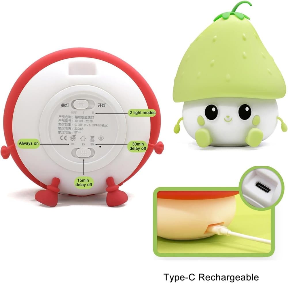 Sweet Strawberry LED Night Light Dimmable USB Rechargeable for Kids, Silicone, Green