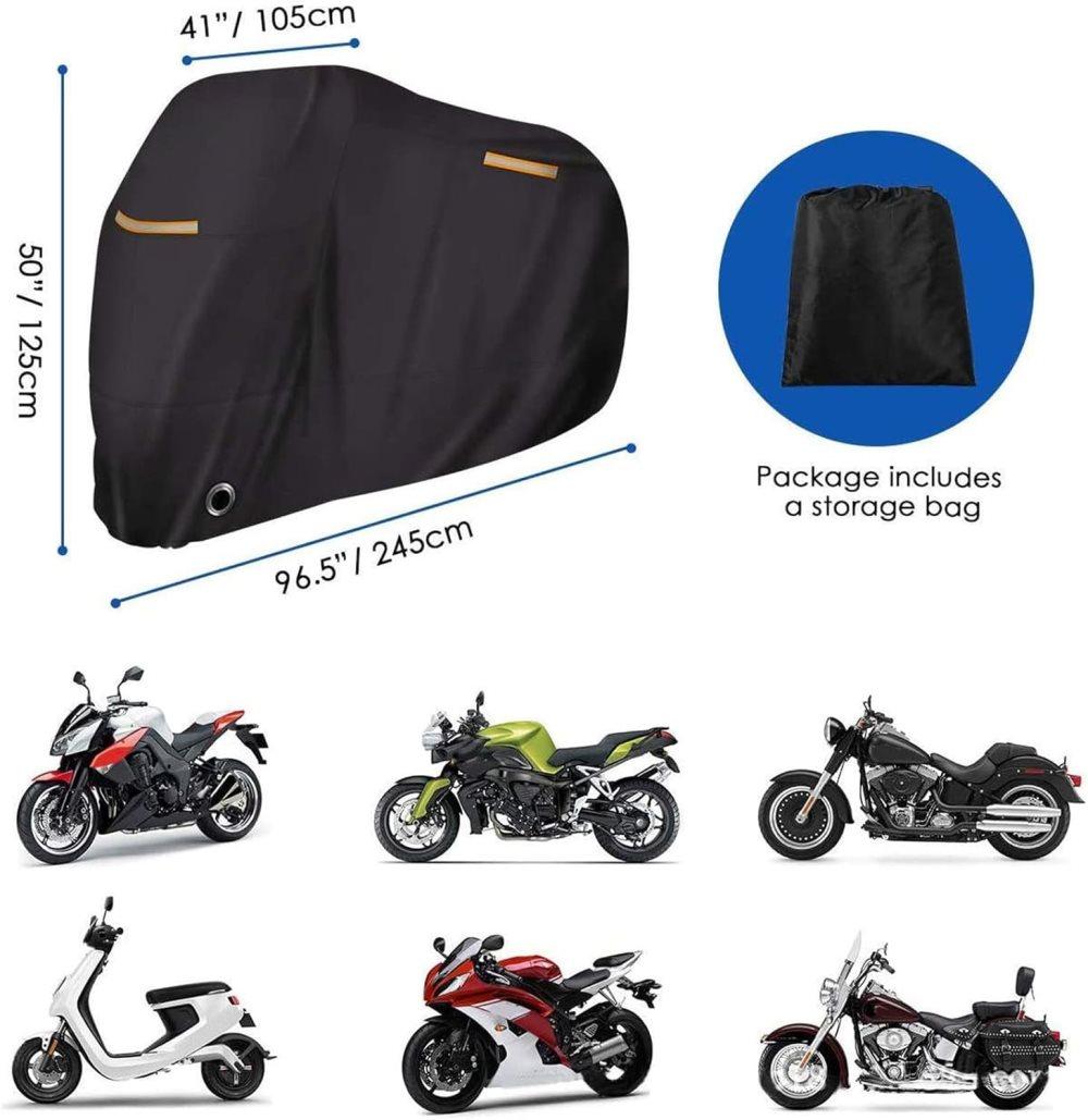 Waterproof Motorcycle Cover with Reflective Strips and Lock Holes, Black, with Storage Bag